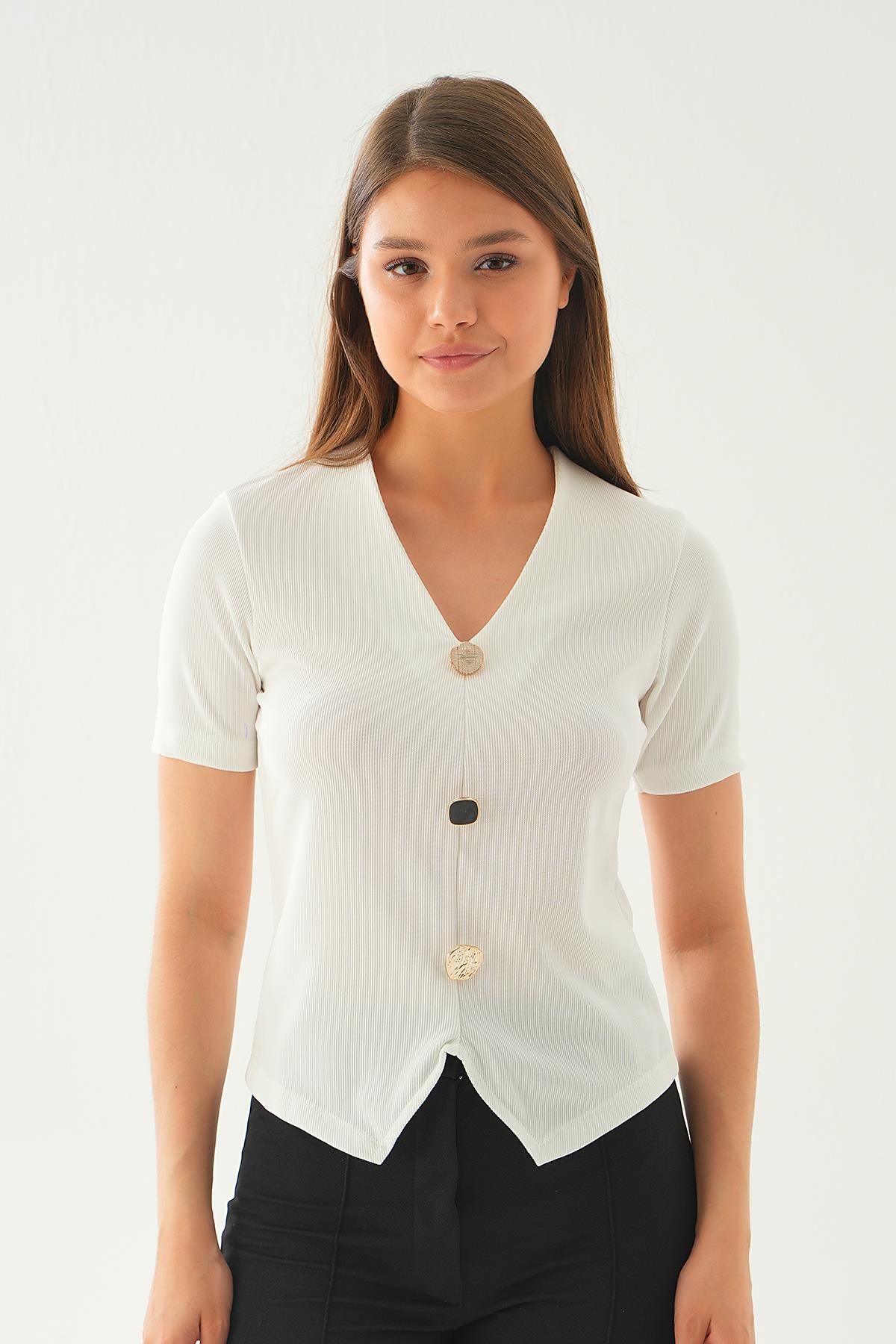 Beyaz Düğme Detay Tişört 21540 - 6