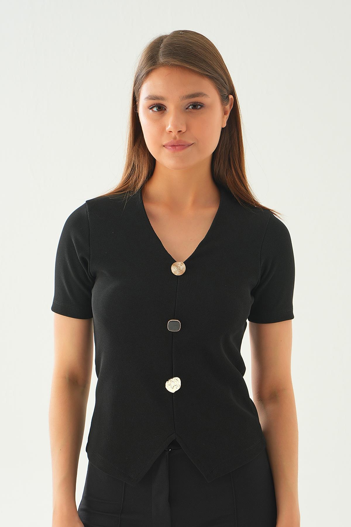 21540 Düğme Detay Tişört Siyah - 1