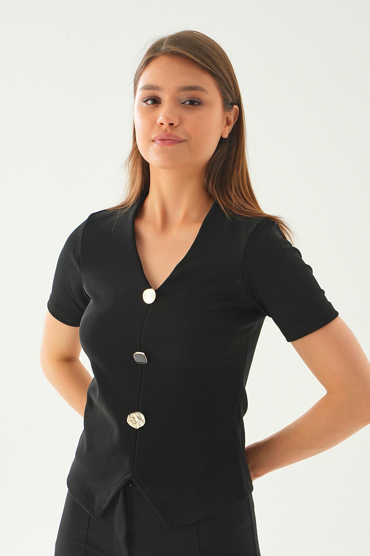 Siyah Düğme Detay Tişört 21540 - 2