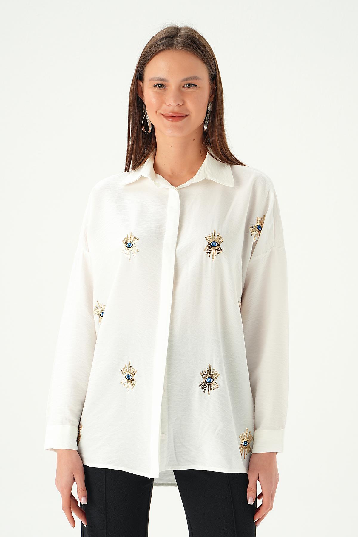 2156 Nakış Detay Gömlek Ekru - 2