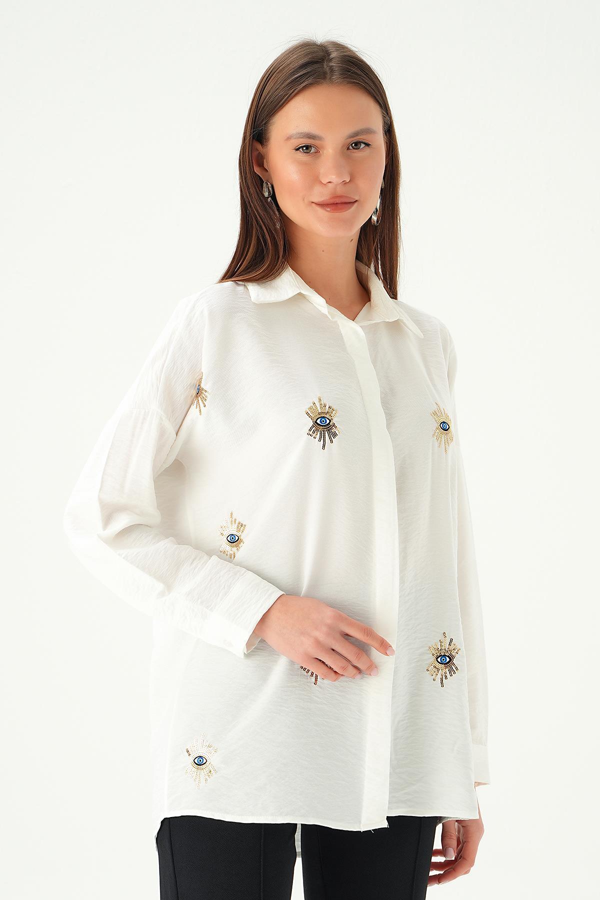 2156 Nakış Detay Gömlek Ekru - 3