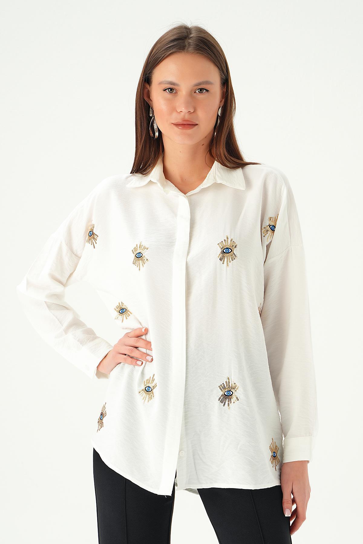 Ekru Nakış Detay Gömlek 2156 - 1