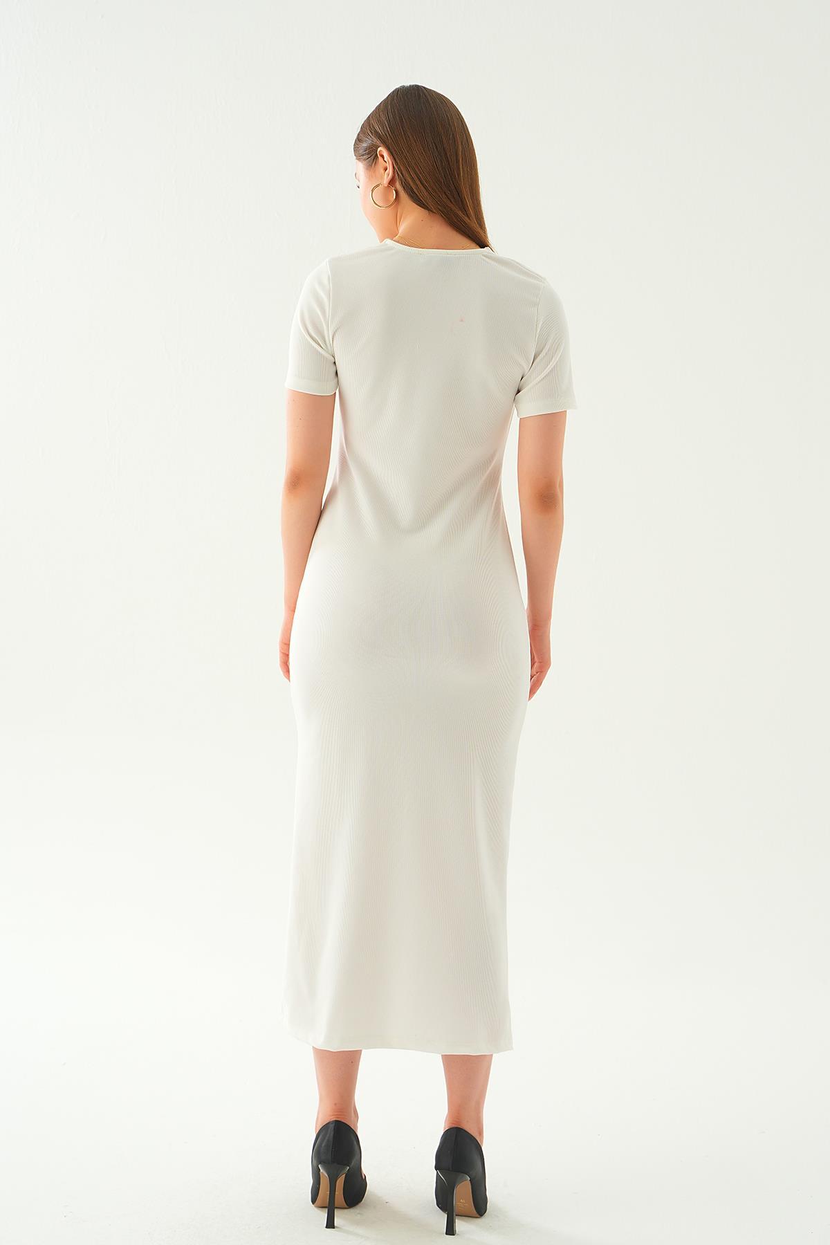 Beyaz V Yaka Aksesuarlı Elbise 21561 - 4