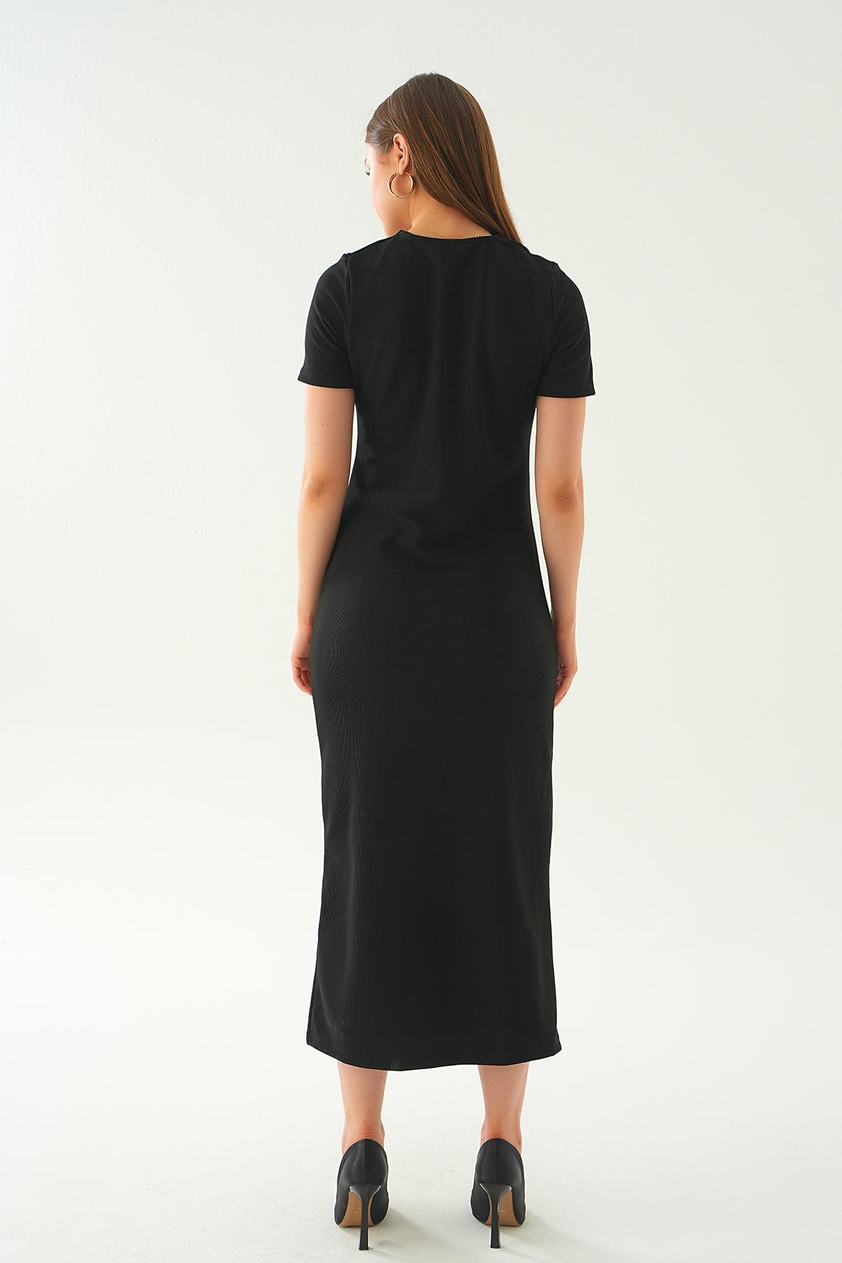 Siyah V Yaka Aksesuarlı Elbise 21561 - 5