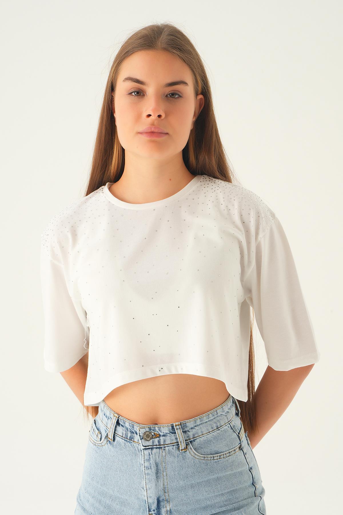 21569 Oversize Taşlı Tişört Beyaz 