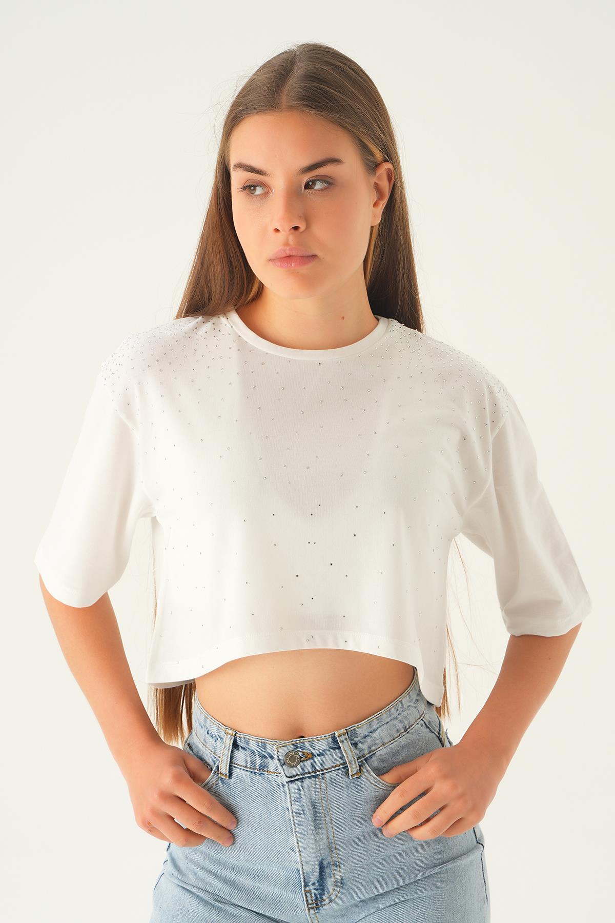 Beyaz Oversize Taşlı Tişört 21569 - 3