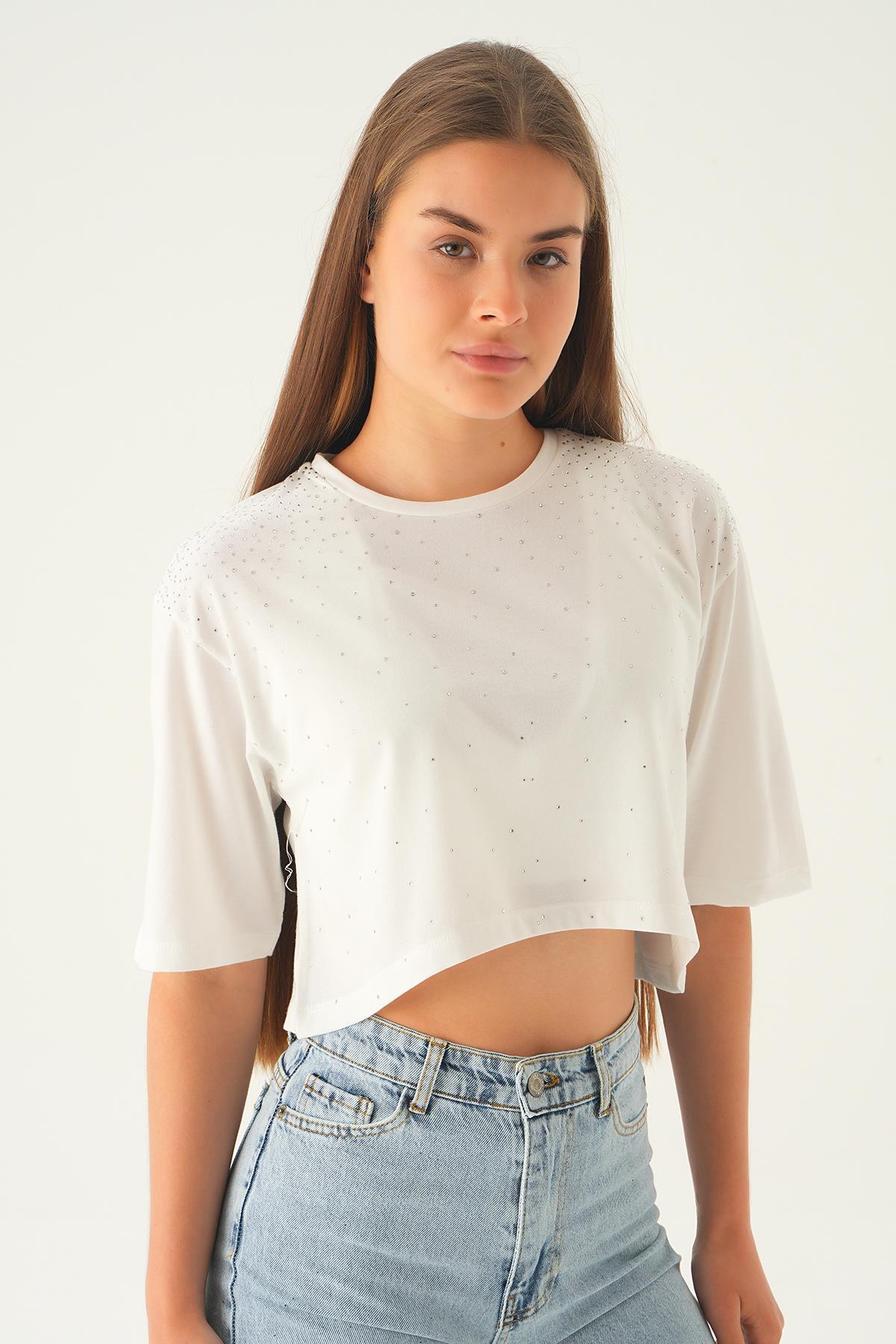 Beyaz Oversize Taşlı Tişört 21569 - 4