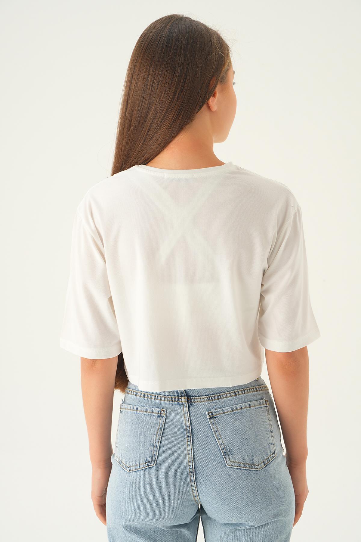 Beyaz Oversize Taşlı Tişört 21569 - 5
