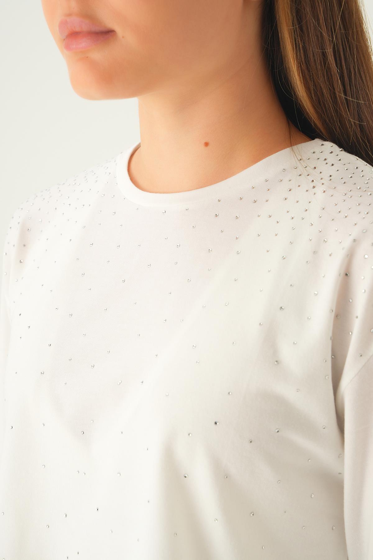 Beyaz Oversize Taşlı Tişört 21569 - 6