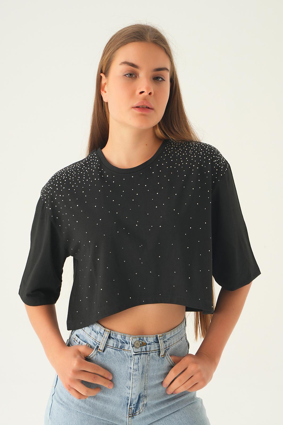 21569 Oversize Taşlı Tişört Siyah - 4