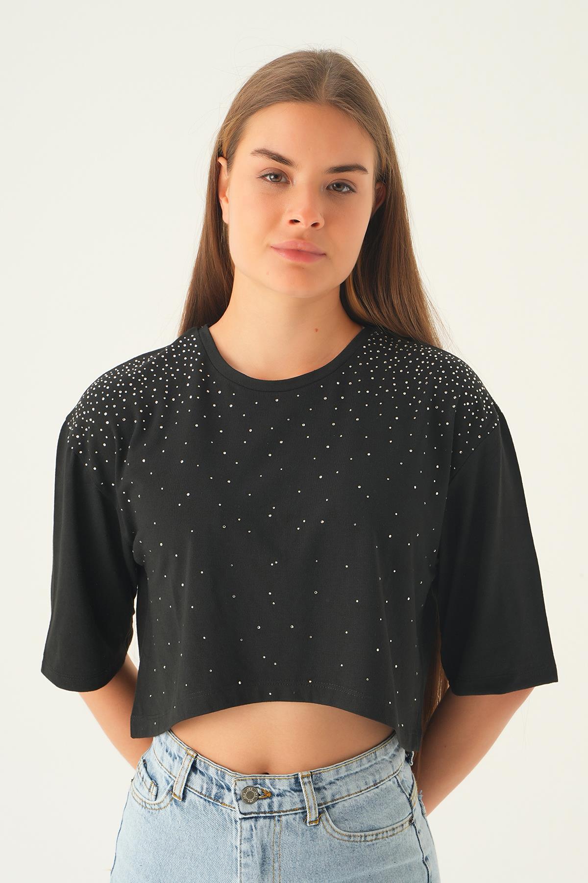Siyah Oversize Taşlı Tişört 21569 