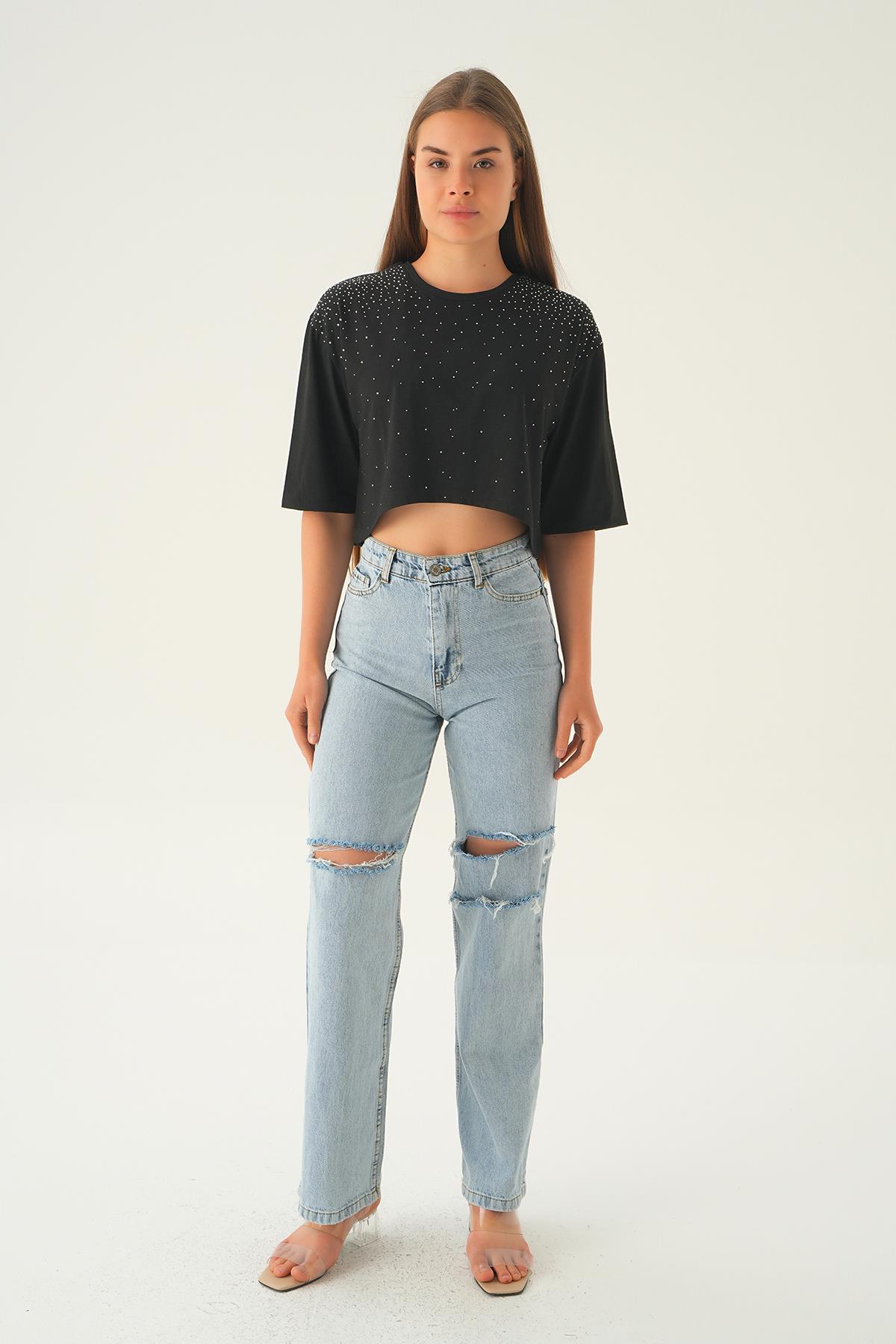 Siyah Oversize Taşlı Tişört 21569 - 2