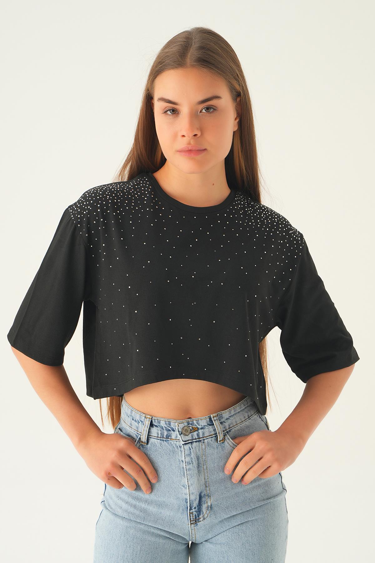 Siyah Oversize Taşlı Tişört 21569 - 3