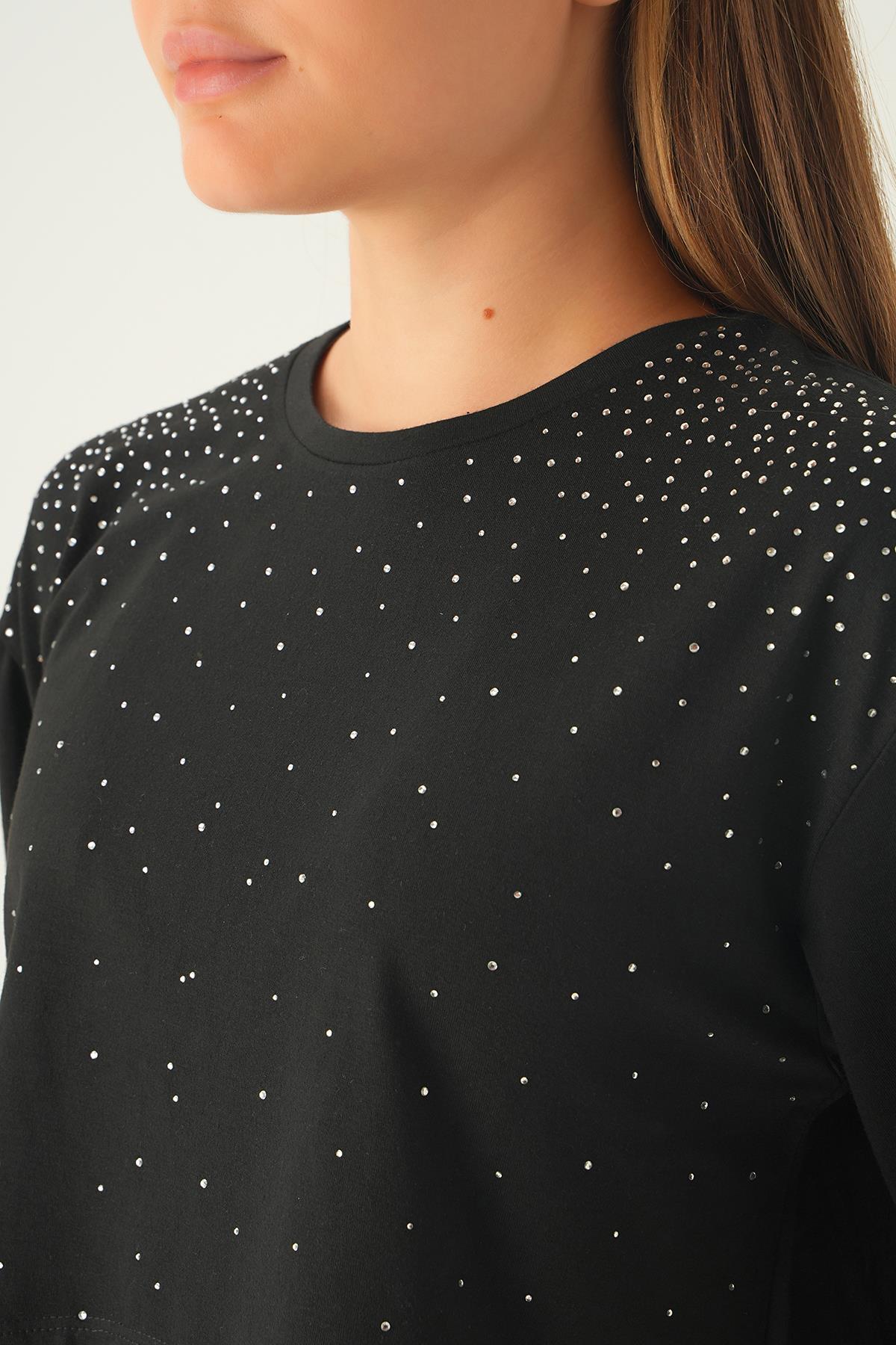 Siyah Oversize Taşlı Tişört 21569 - 6
