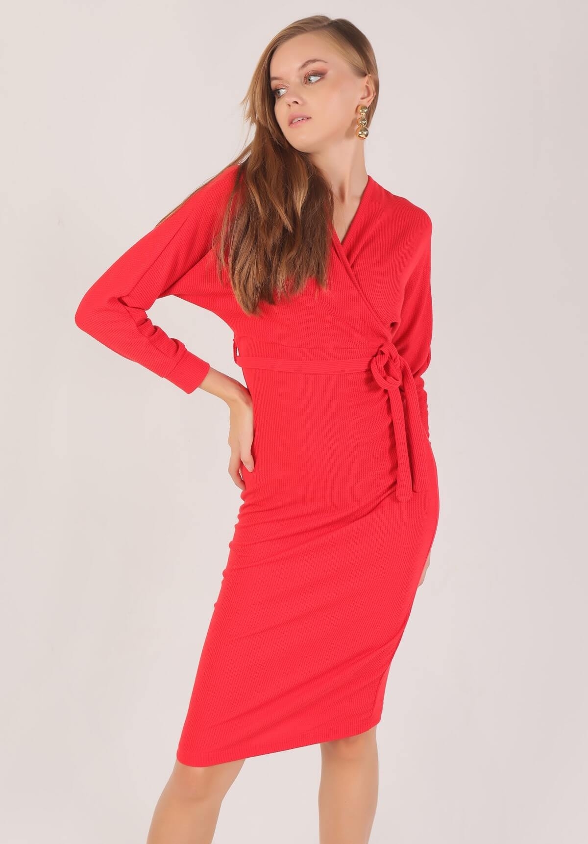 2164 Yarasa Kol Elbise Kırmızı - 2