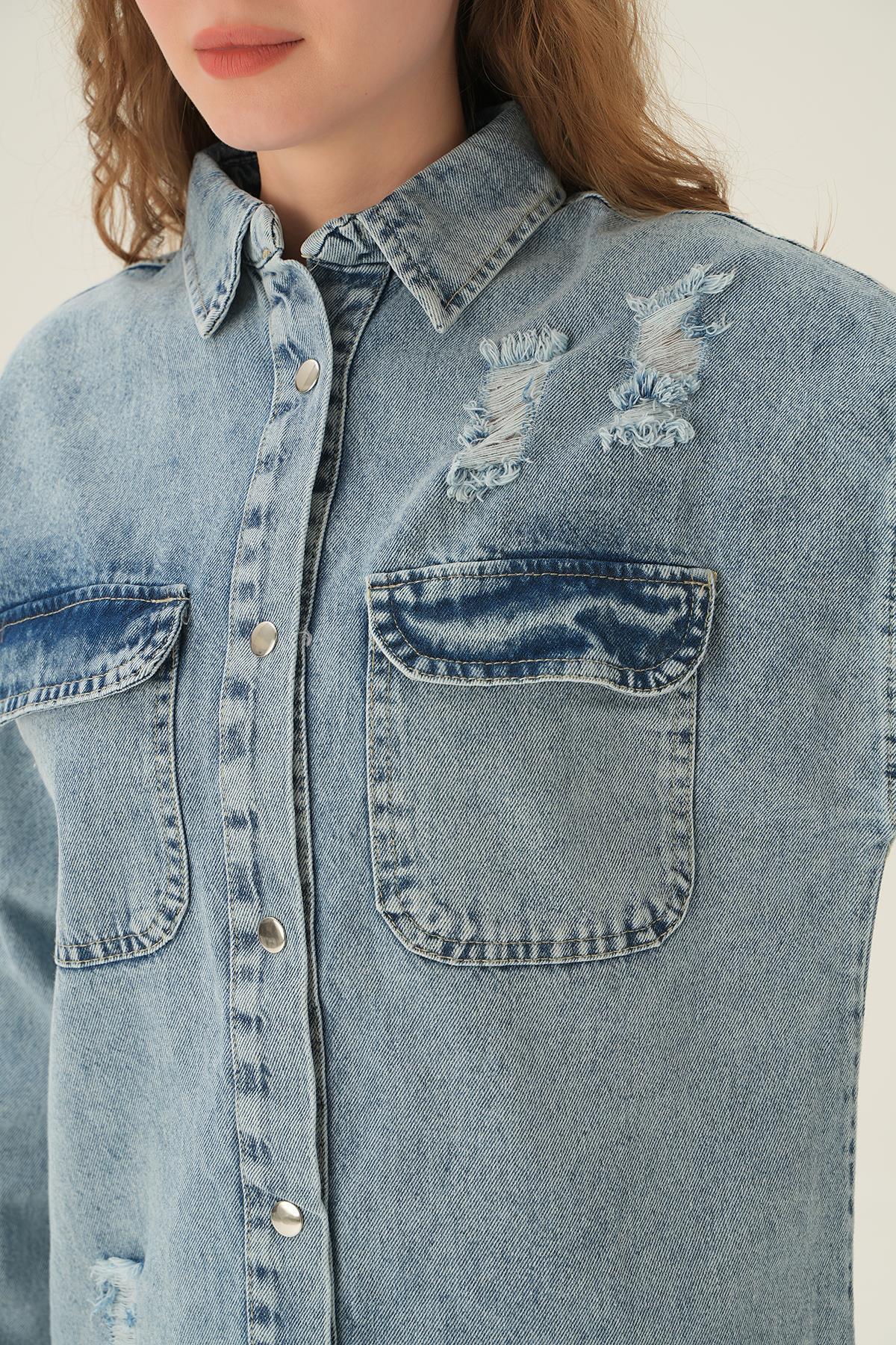 2175 Yırtık Detay Kot Gömlek Mavi - 5