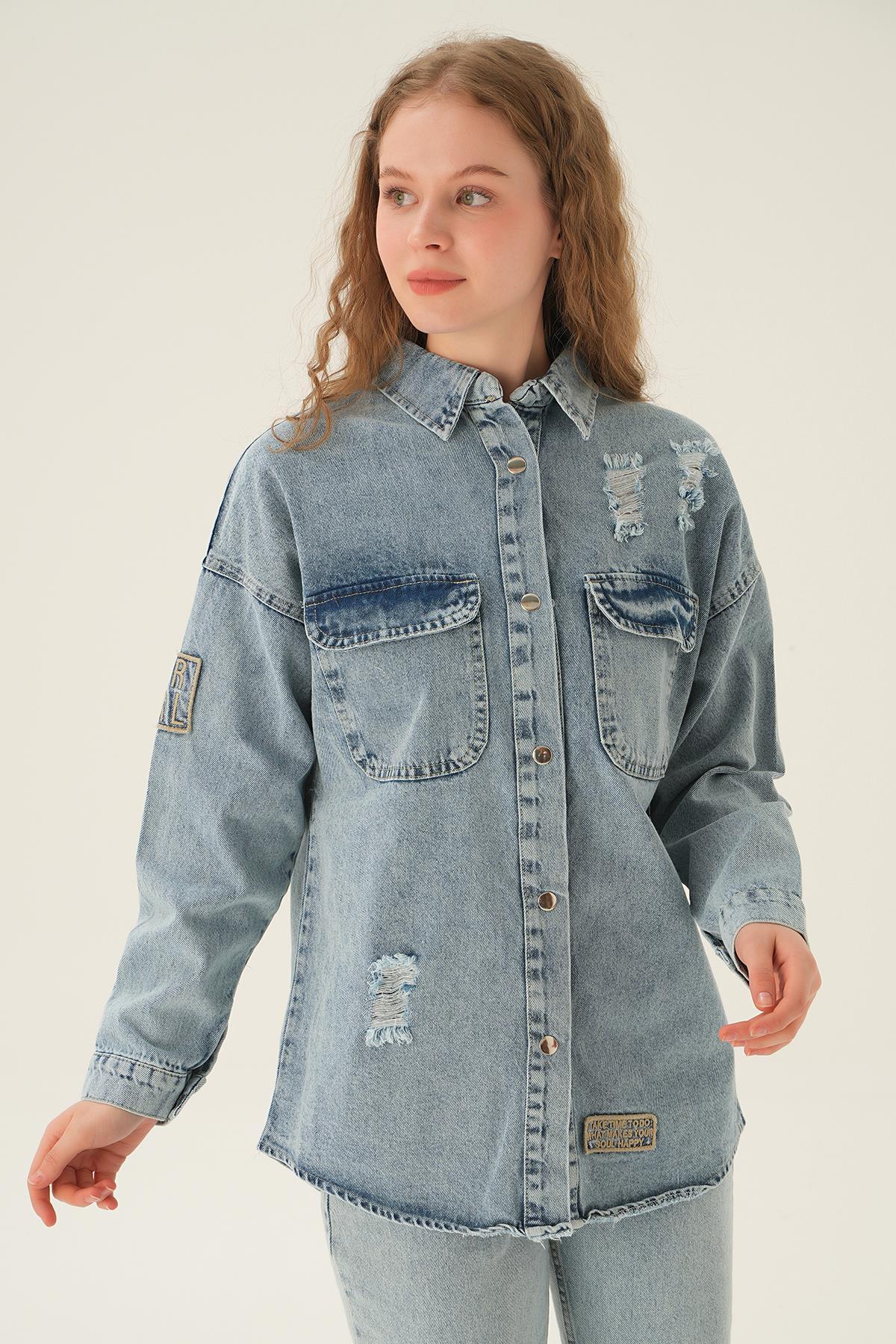 2175 Yırtık Detay Kot Gömlek Mavi - 2