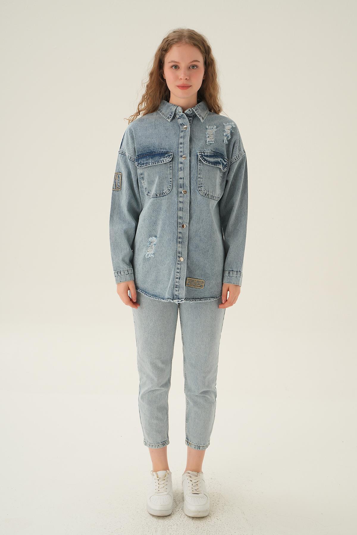 2175 Yırtık Detay Kot Gömlek Mavi - 6