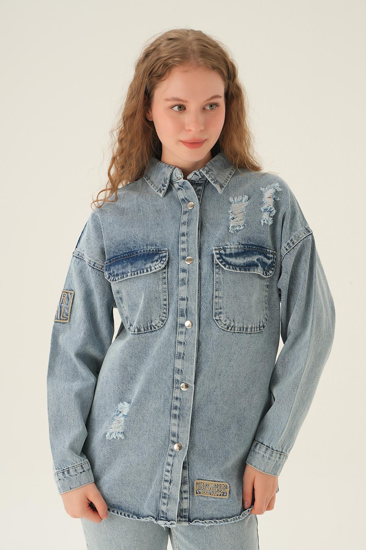 Mavi Yırtık Detay Kot Gömlek 2175 - 1