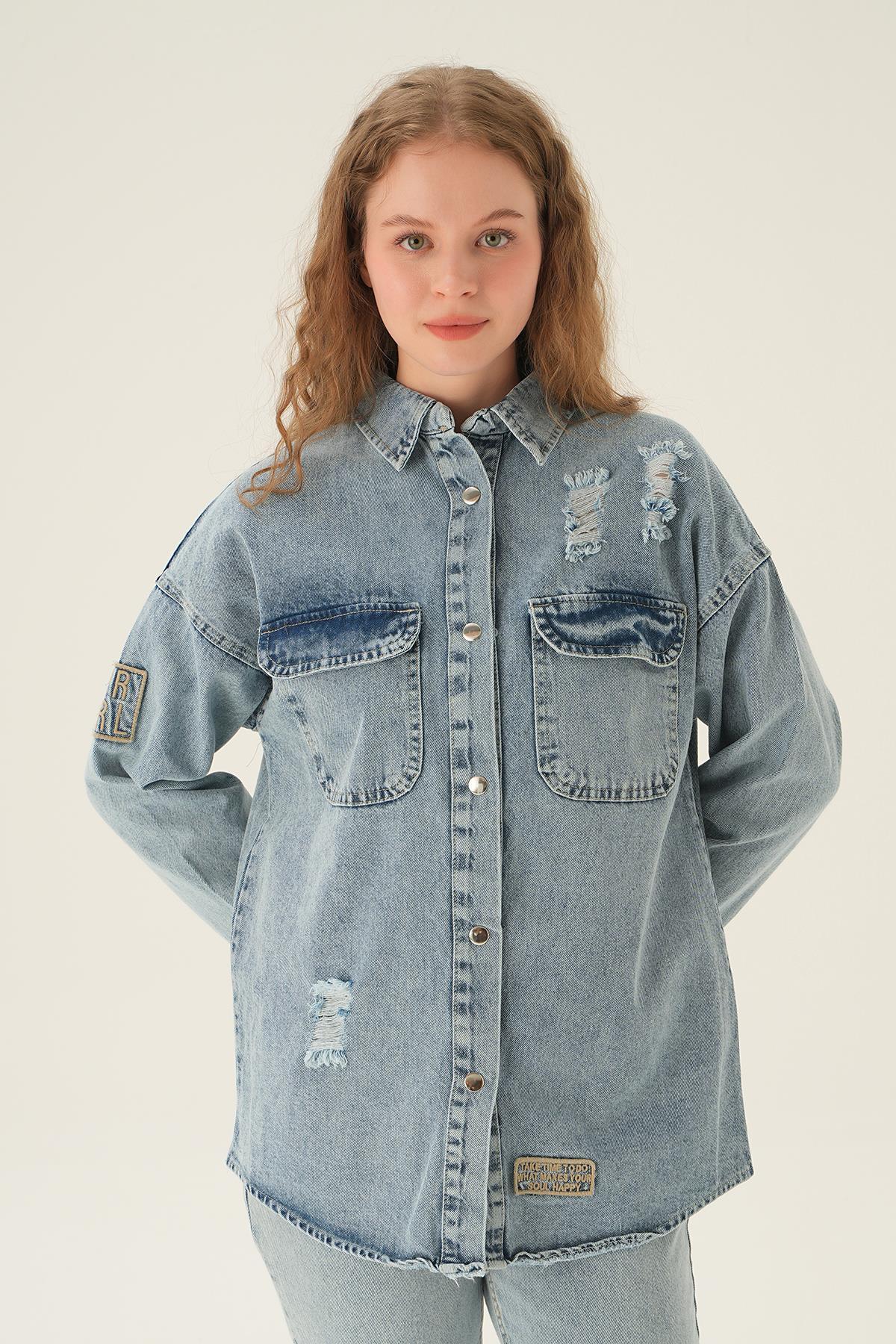 Mavi Yırtık Detay Kot Gömlek 2175 - 3