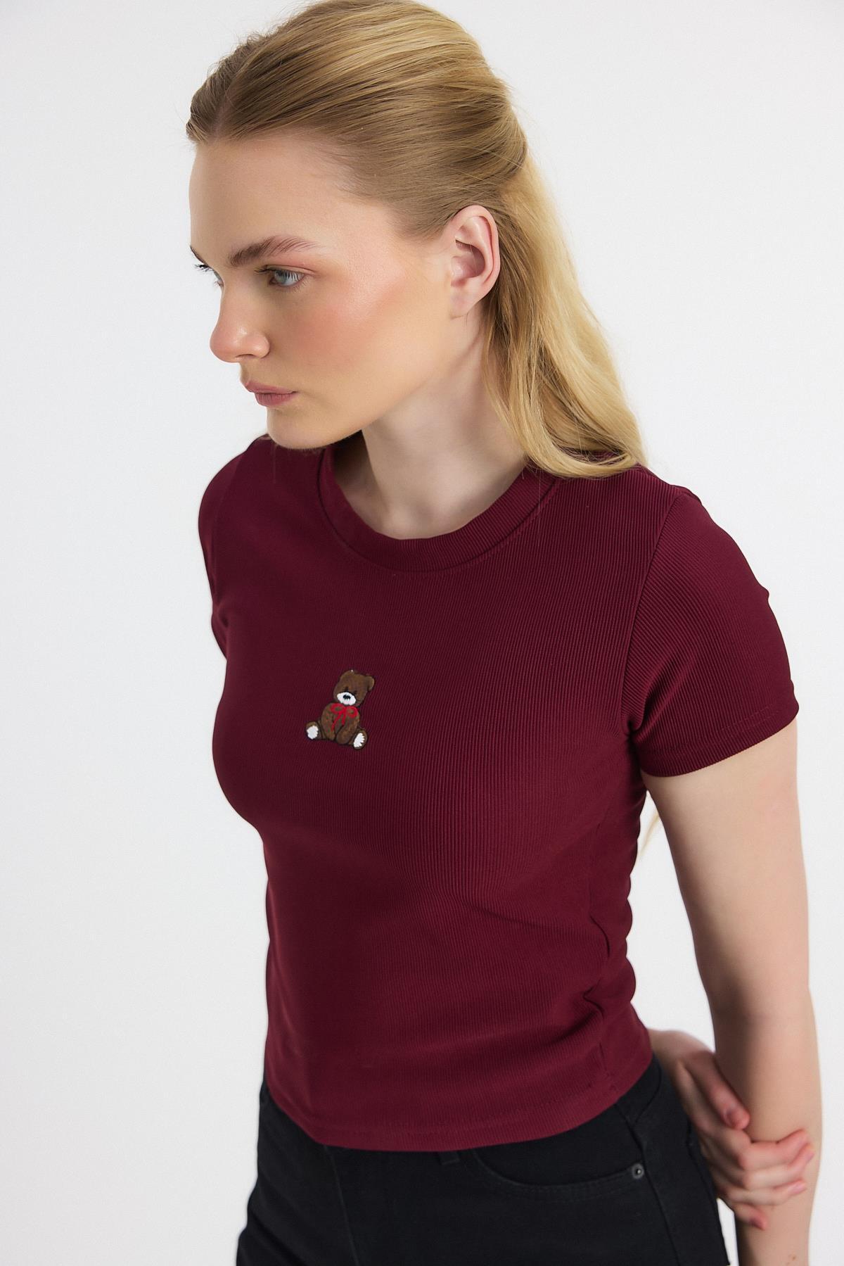 Bordo Ayıcık Nakışlı Kısa Kol Bluz 2199 - 3