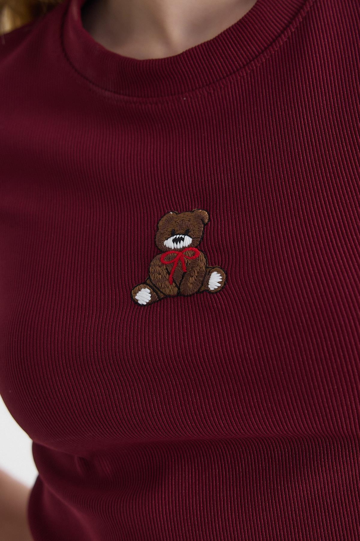 Bordo Ayıcık Nakışlı Kısa Kol Bluz 2199 - 4