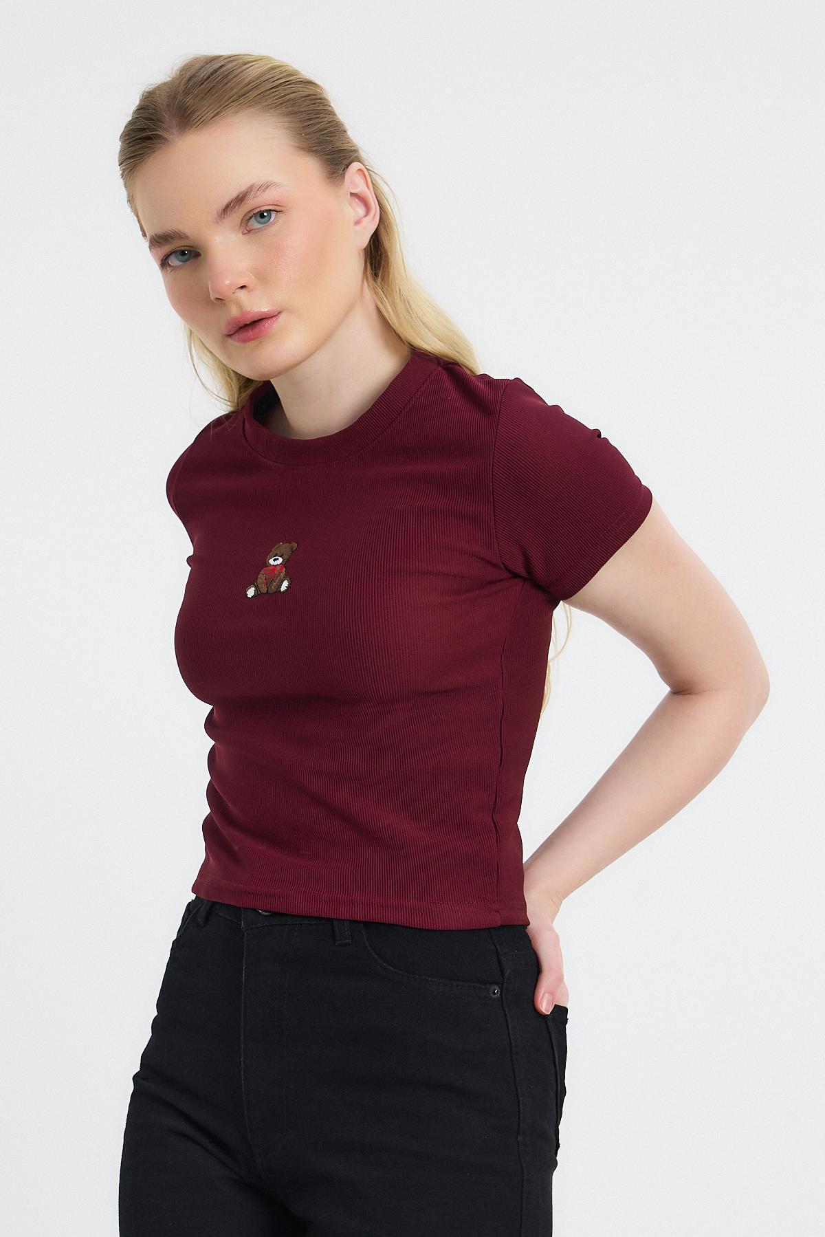 Bordo Ayıcık Nakışlı Kısa Kol Bluz 2199 - 7