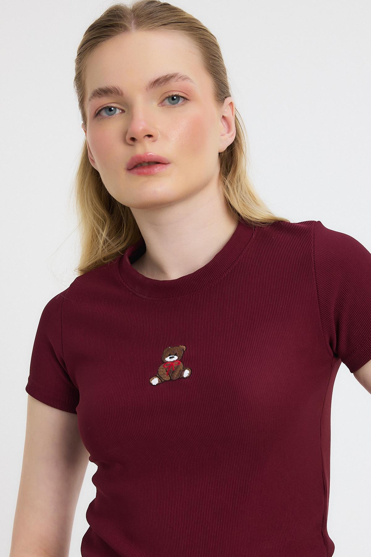 Ayıcık Nakışlı Kısa Kol Bluz 2199 Bordo - 8