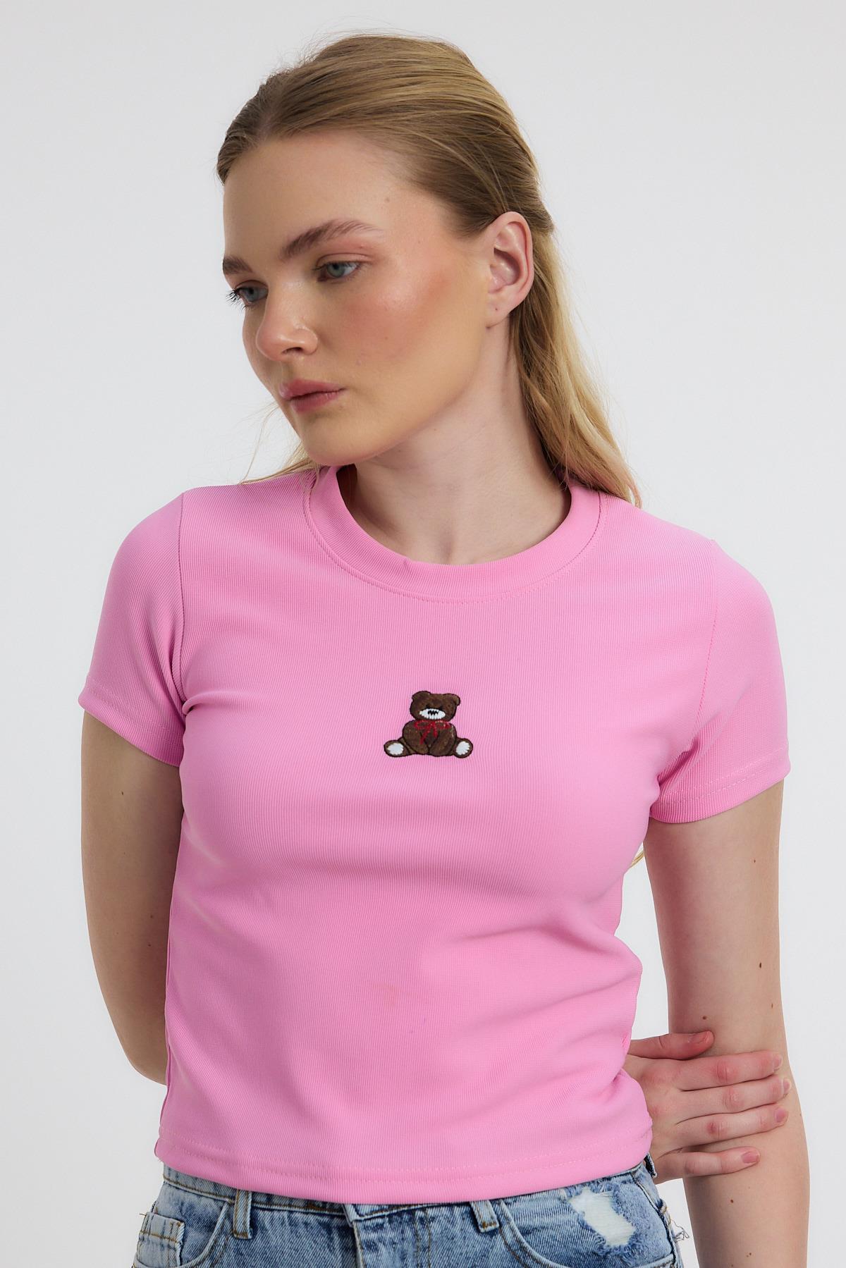 Pembe Ayıcık Nakışlı Kısa Kol Bluz 2199 