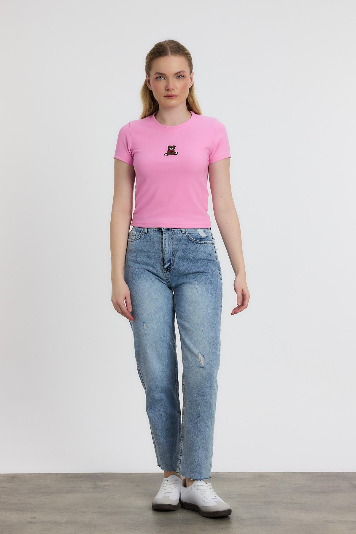 Ayıcık Nakışlı Kısa Kol Bluz 2199 Pembe - 2
