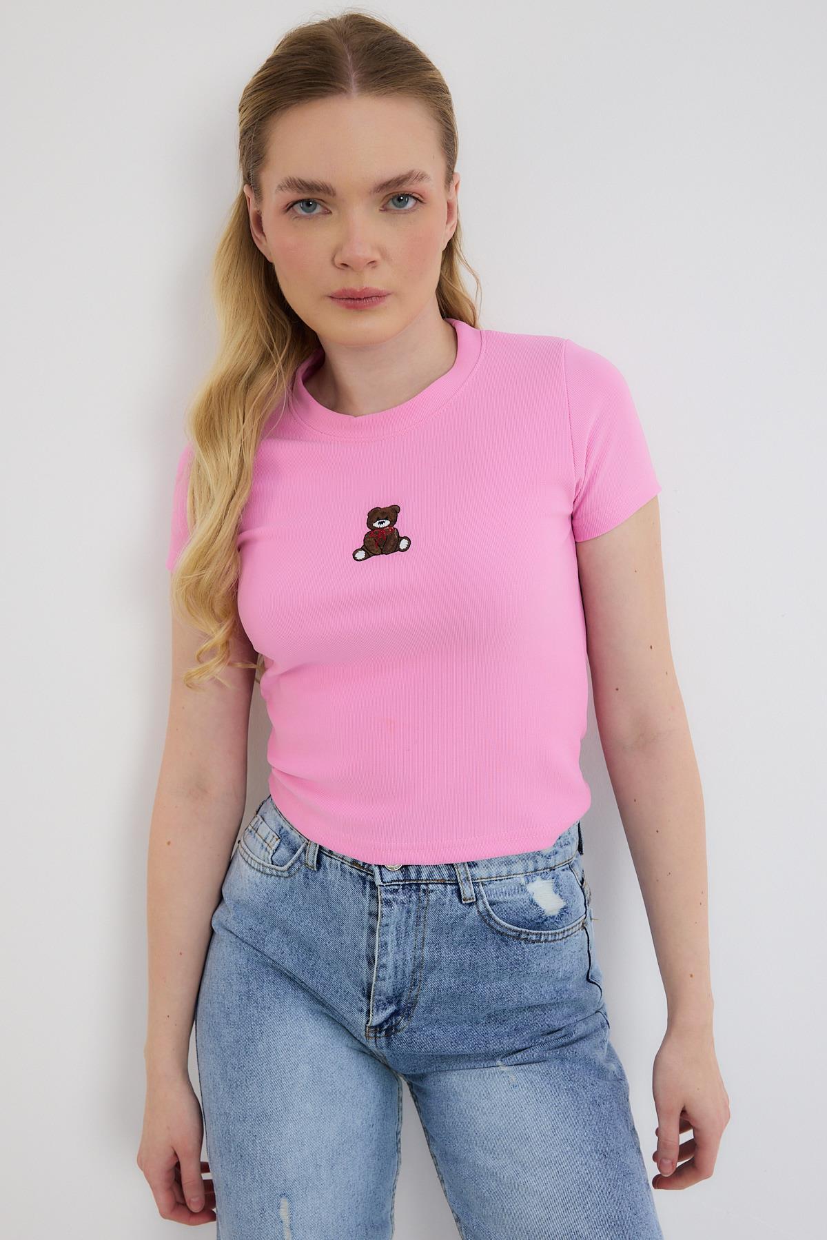 Ayıcık Nakışlı Kısa Kol Bluz 2199 Pembe - 3