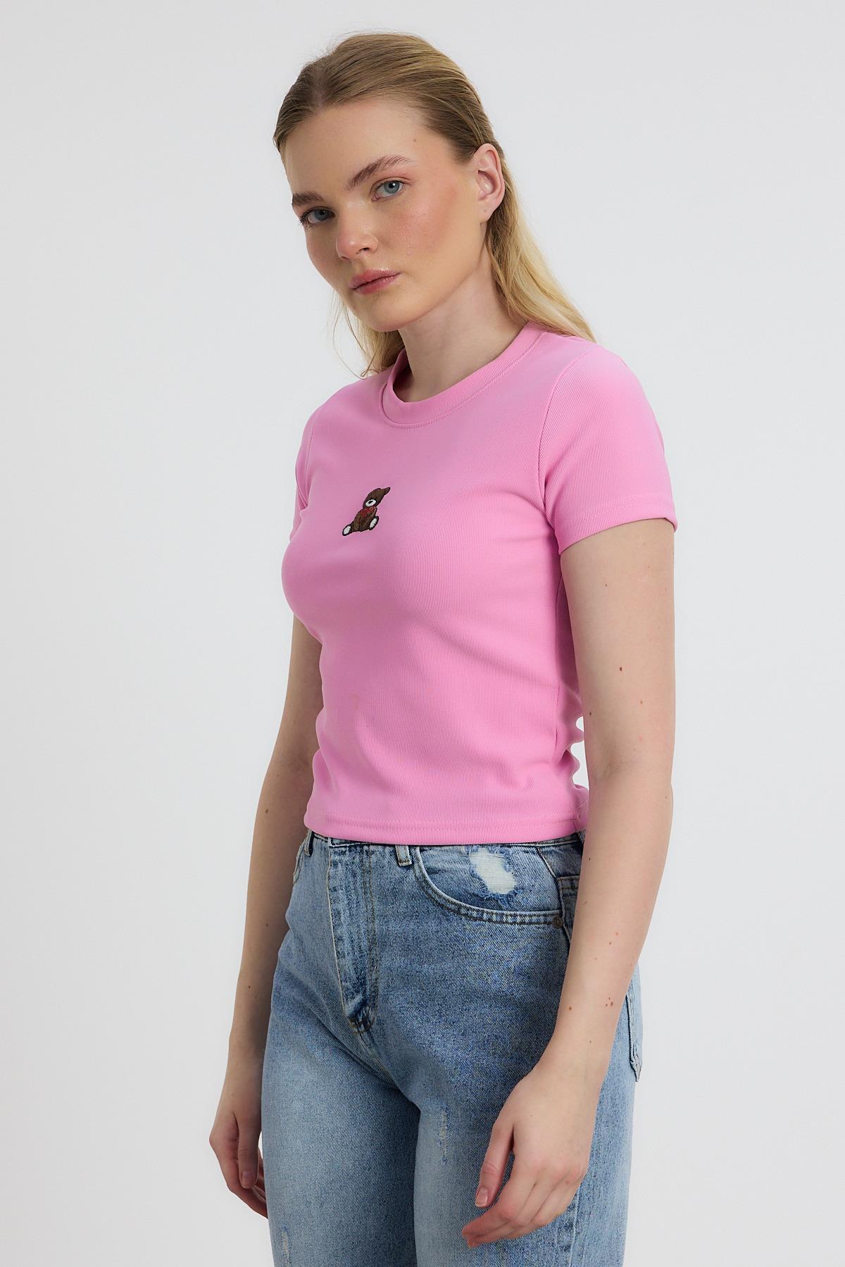 Ayıcık Nakışlı Kısa Kol Bluz 2199 Pembe - 6