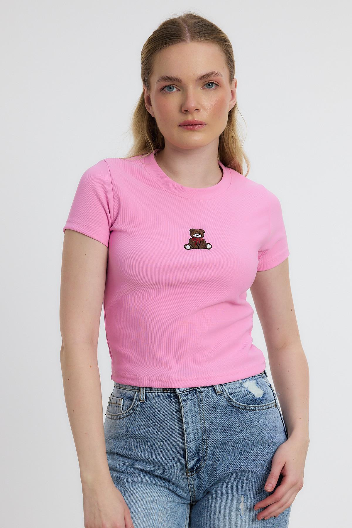Ayıcık Nakışlı Kısa Kol Bluz 2199 Pembe - 7