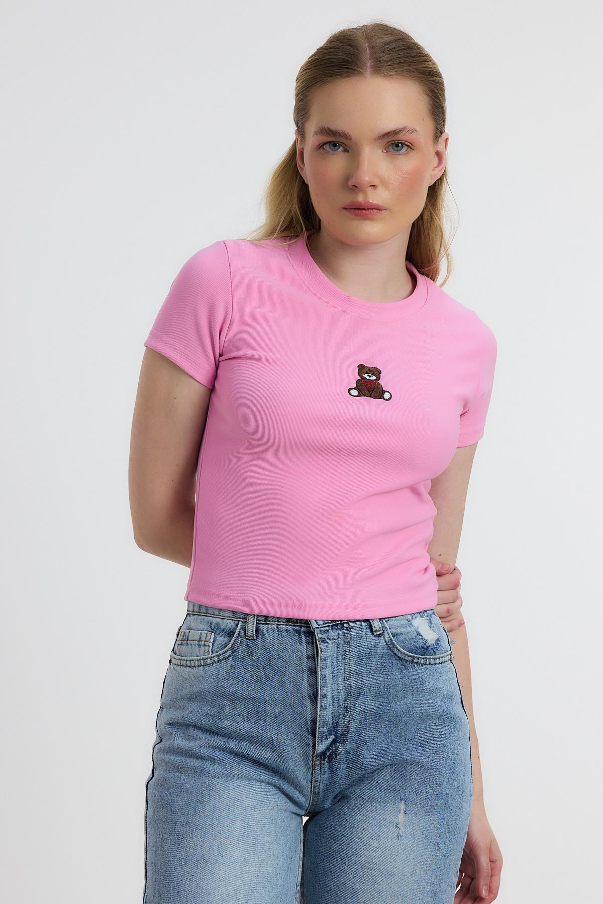 Ayıcık Nakışlı Kısa Kol Bluz 2199 Pembe - 8
