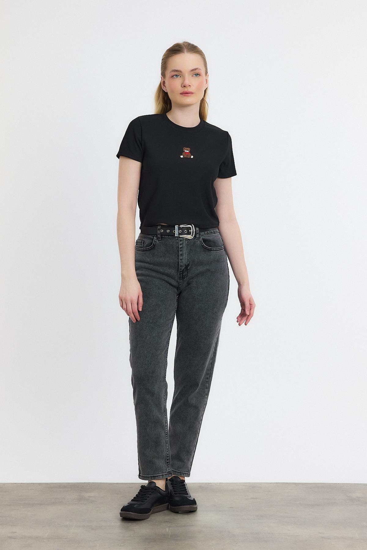 2199 Ayıcık Nakışlı Kısa Kol Bluz Siyah - RAYS