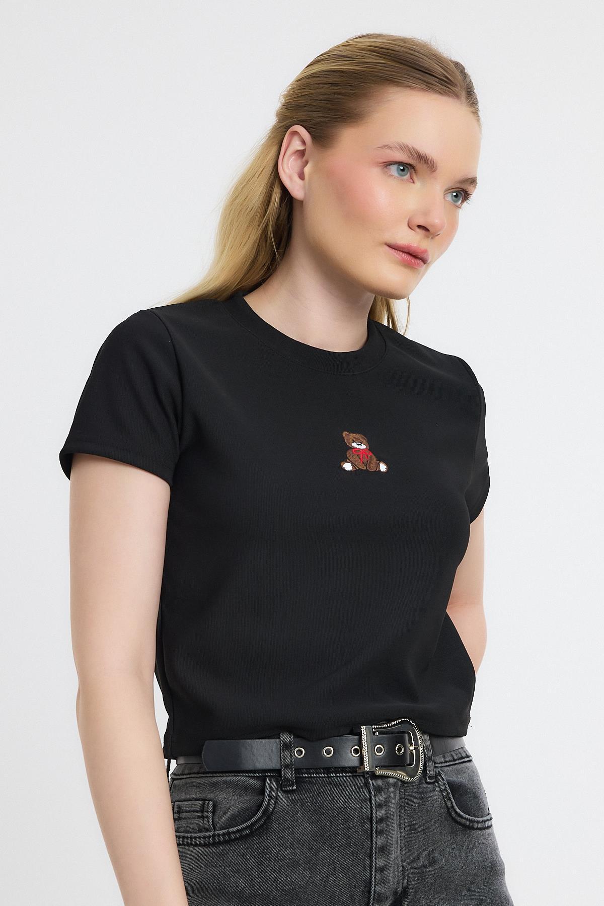 2199 Ayıcık Nakışlı Kısa Kol Bluz Siyah - 7