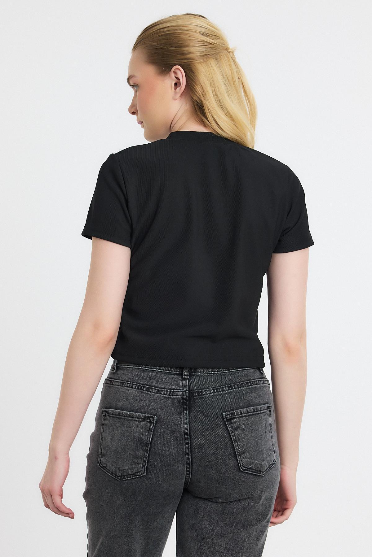 Siyah Ayıcık Nakışlı Kısa Kol Bluz 2199 - 5