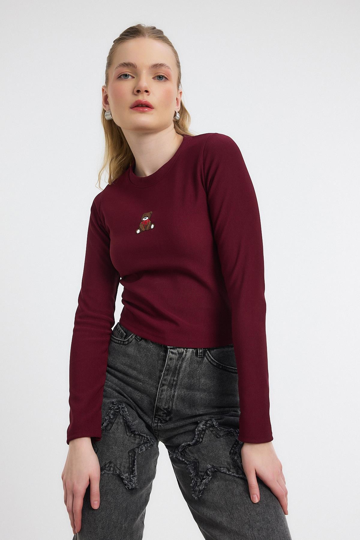 Bordo Ayıcık Nakışlı Bisiklet Yaka Bluz 2200 - 3