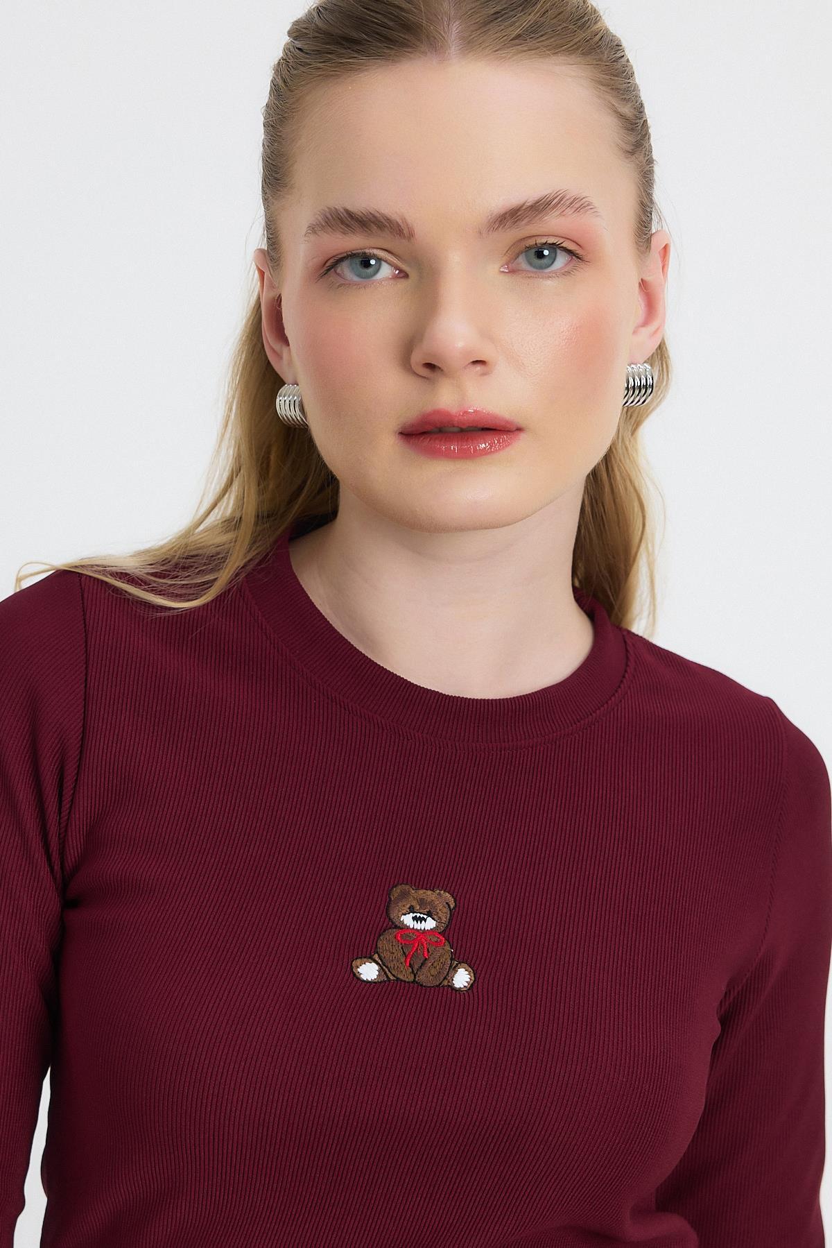 Bordo Ayıcık Nakışlı Bisiklet Yaka Bluz 2200 - 4