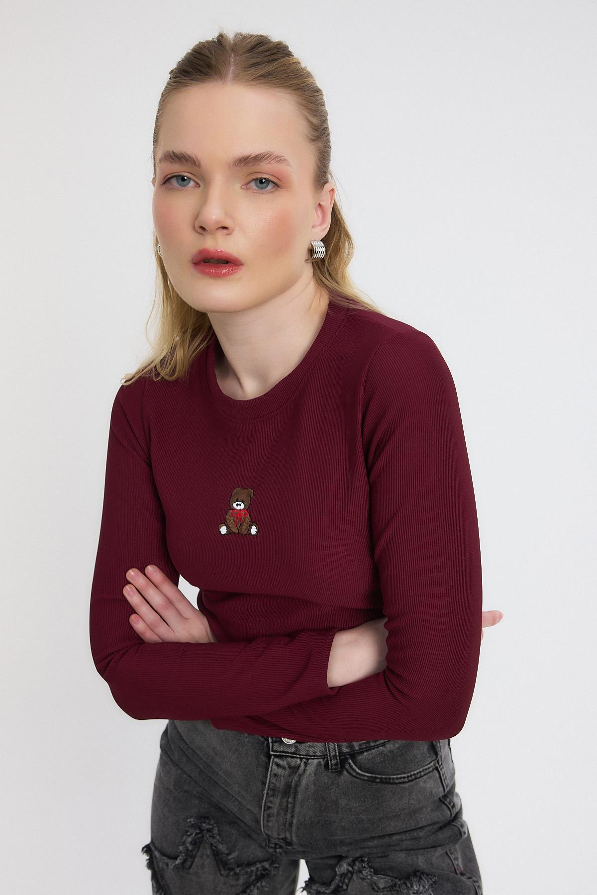Bordo Ayıcık Nakışlı Bisiklet Yaka Bluz 2200 - 6