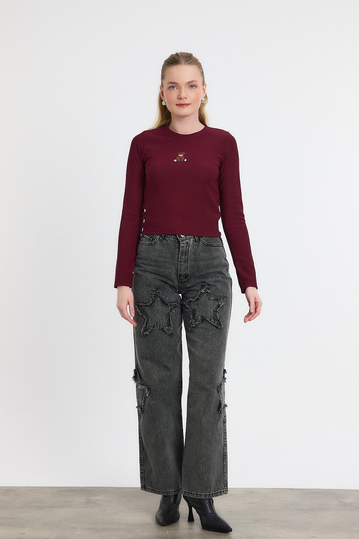 Bordo Ayıcık Nakışlı Bisiklet Yaka Bluz 2200 - 8