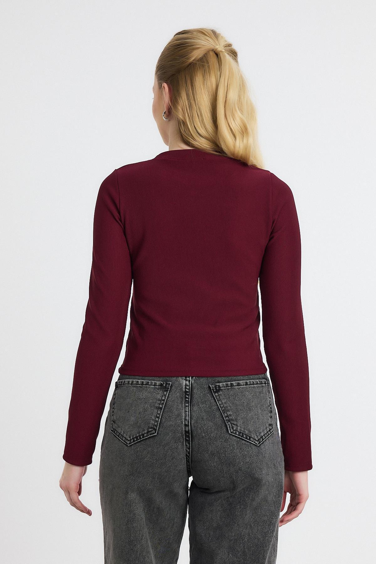 Ayıcık Nakışlı Bisiklet Yaka Bluz 2200 Bordo - 5