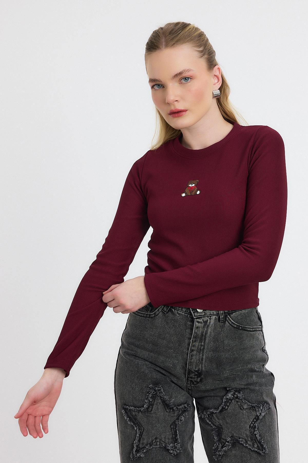 Ayıcık Nakışlı Bisiklet Yaka Bluz 2200 Bordo - 7