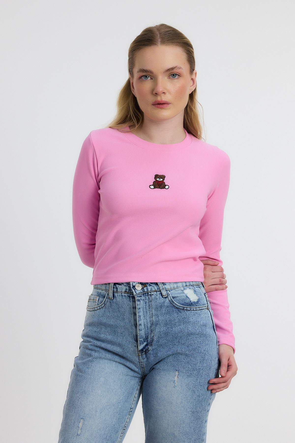 2200 Ayıcık Nakışlı Bisiklet Yaka Bluz Pembe - RAYS