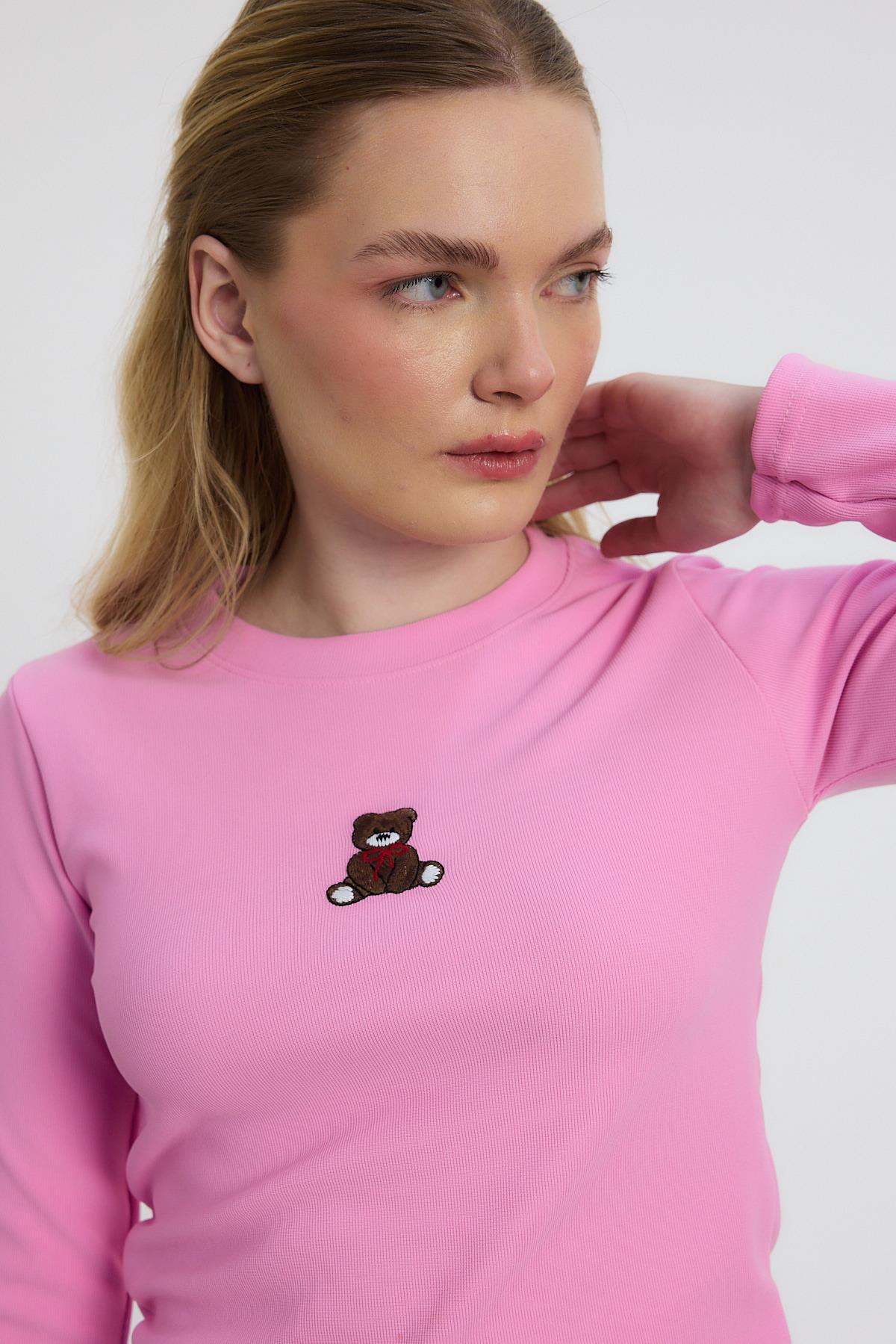 2200 Ayıcık Nakışlı Bisiklet Yaka Bluz Pembe - RAYS