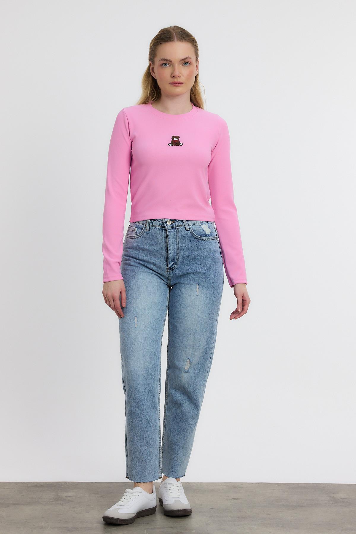 Pembe Ayıcık Nakışlı Bisiklet Yaka Bluz 2200 - 2