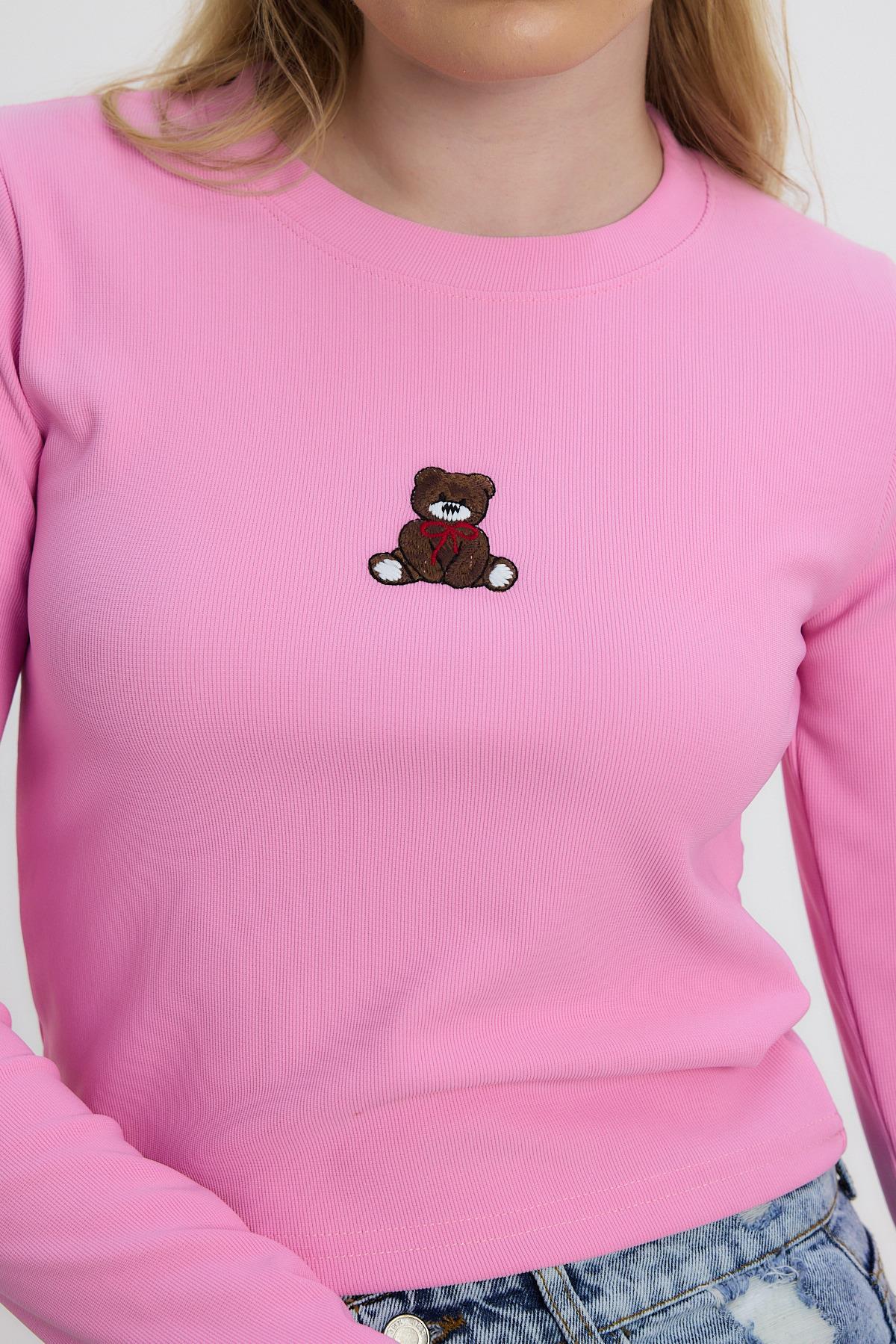 Pembe Ayıcık Nakışlı Bisiklet Yaka Bluz 2200 - 7