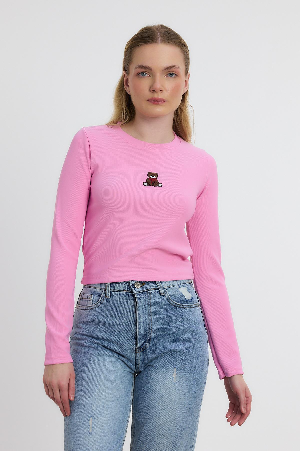 Ayıcık Nakışlı Bisiklet Yaka Bluz 2200 Pembe 