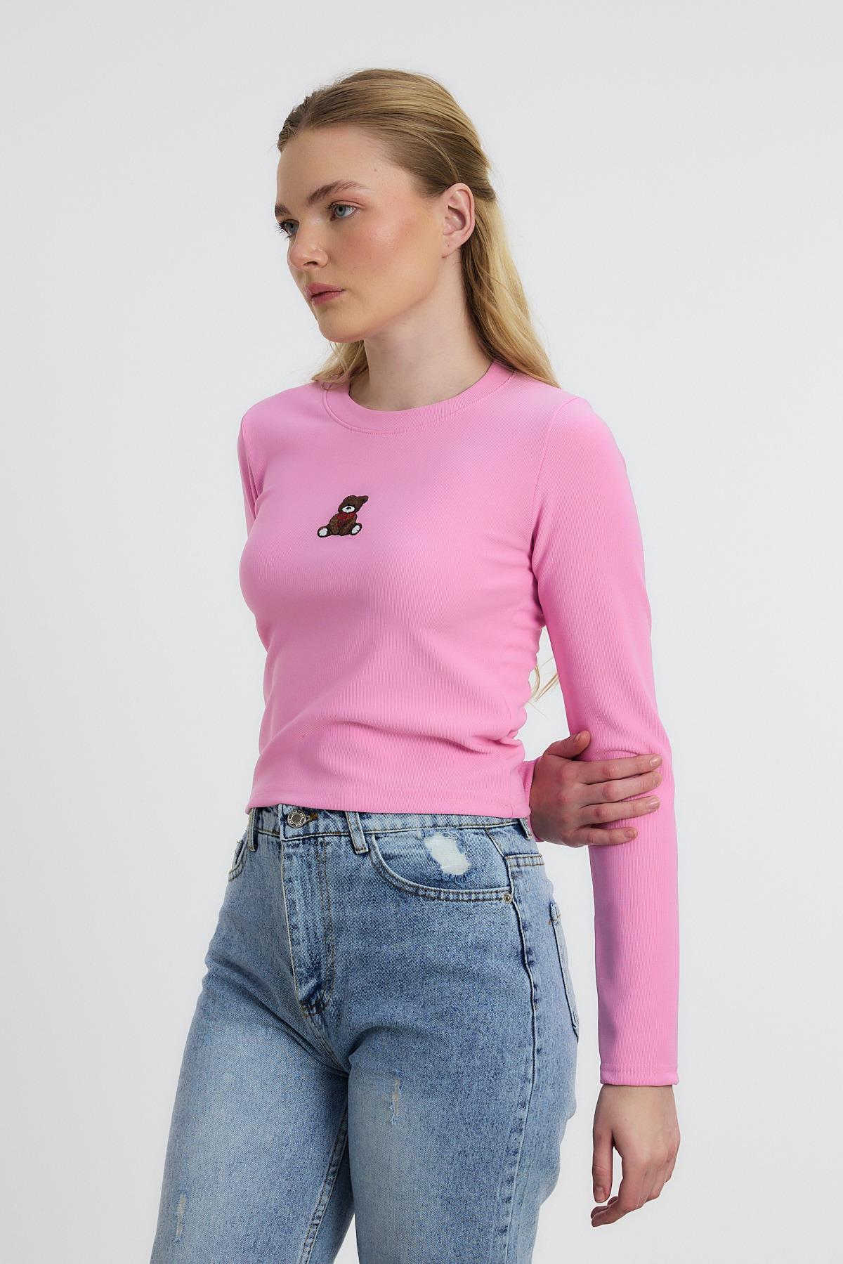 Ayıcık Nakışlı Bisiklet Yaka Bluz 2200 Pembe - 6