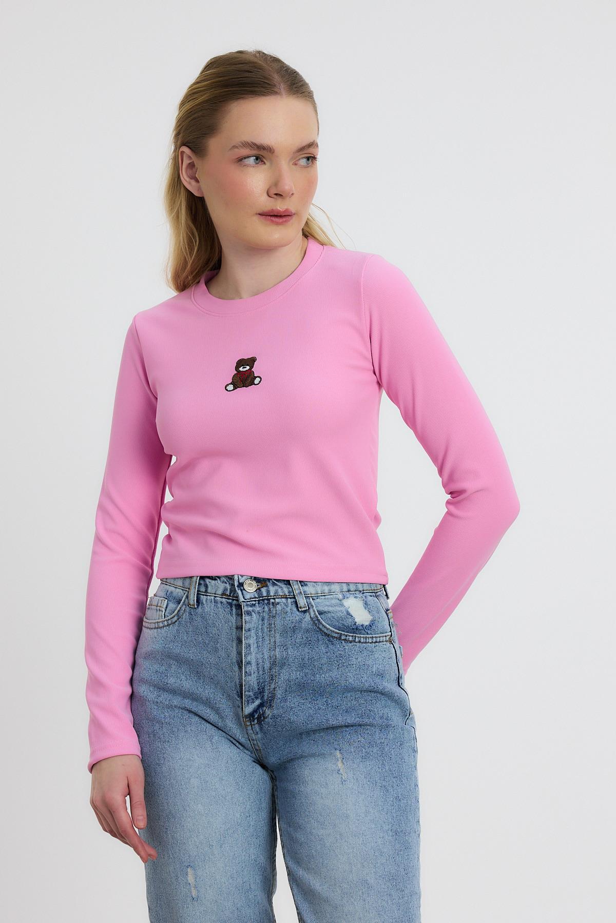 Ayıcık Nakışlı Bisiklet Yaka Bluz 2200 Pembe - 8